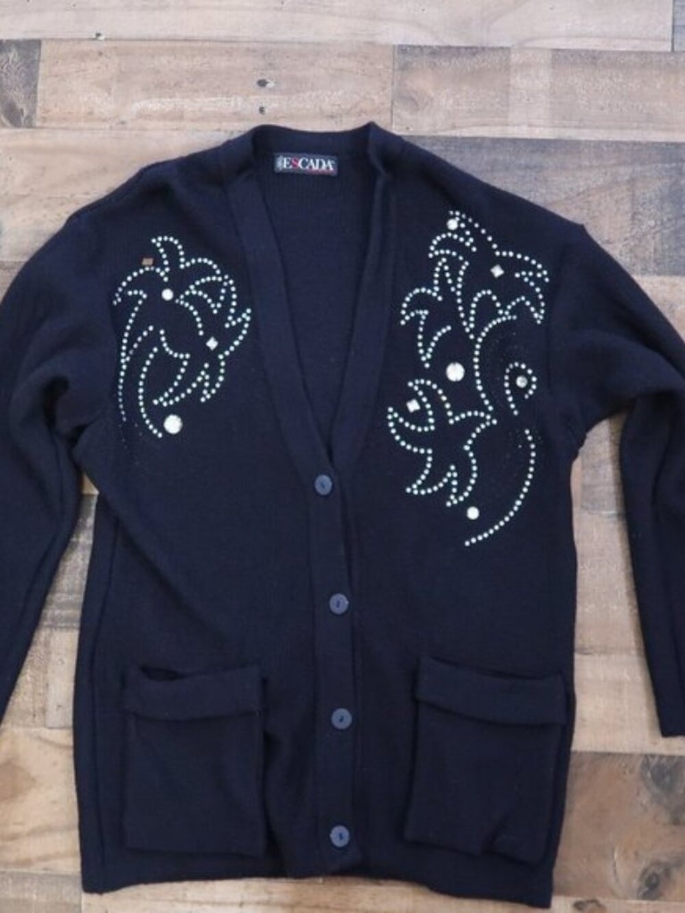 Vintage Escada by Margaretha Ley Dark Blue Sequin Wool Cardigan Sweater Sz 36(M)